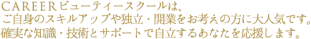 ＣＡＲＥＥＲビューティースクールは、ご自身のスキルアップや独立・開業、資格取得をお考えの方に大人気です。確実な知識・技術とサポートで自立するあなたを応援します。
